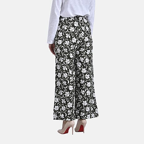 La Marey Casual Black Wide-Leg Pants with White Floral Print & Elastic Waist (Size 16 to18)