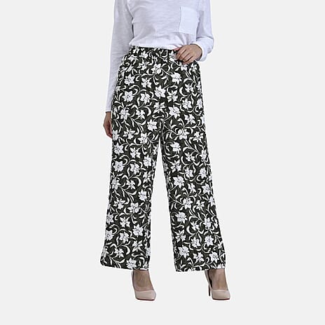 La Marey Casual Black Wide-Leg Pants with White Floral Print & Elastic Waist (Size 20 to 22)