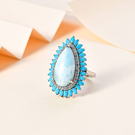 Cocktail Collection - Rare Size Larimar 20 X10 MM & Arizona Sleeping Beauty Turquoise Ring with Natural Zircon in Platinum Overlay Sterling Silver 12.56 ct.