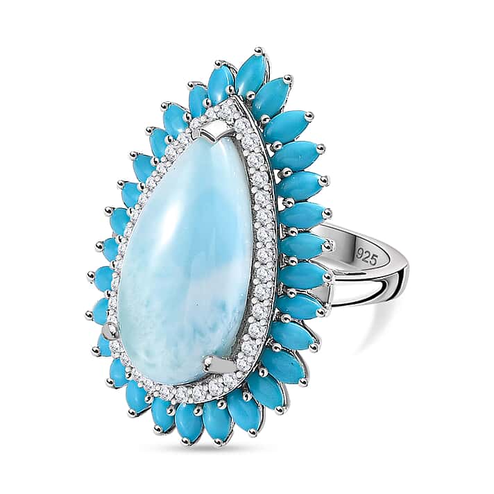 Cocktail Collection - Rare Size Larimar 20 X10 MM & Arizona Sleeping Beauty Turquoise Ring with Natural Zircon in Platinum Overlay Sterling Silver 12.56 ct.