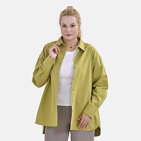 La Marey 100% Cotton Button Down Plain Blouse (Size S) - Lime