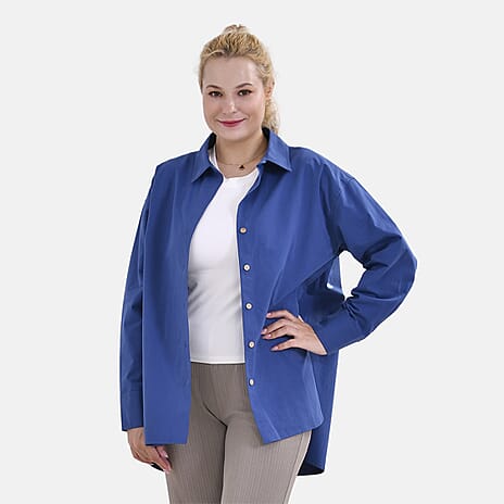 La Marey 100% Cotton Button Down Plain Blouse (Size S) - Blue