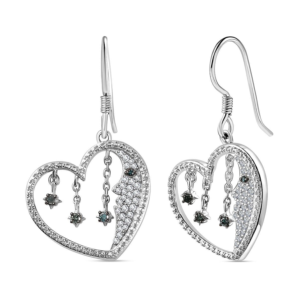 GP Amore Heart Collection - White & Blue Diamond Earrings in Rhodium Overlay Sterling Silver Wt. 5.35 Gms
