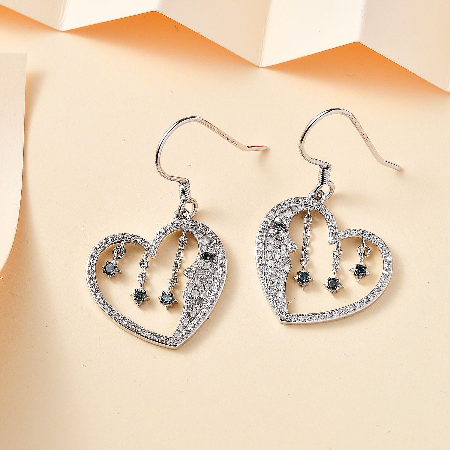 GP Amore Heart Collection - White & Blue Diamond Earrings in Rhodium Overlay Sterling Silver Wt. 5.35 Gms