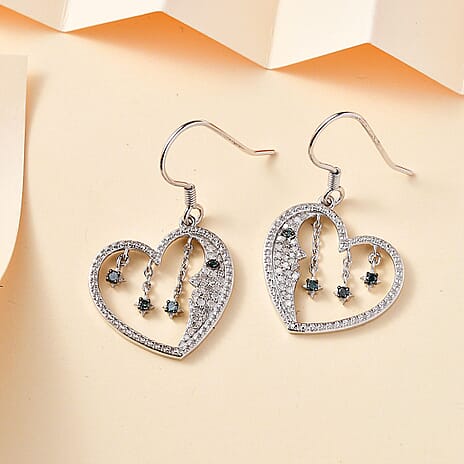 GP Amore Heart Collection - White & Blue Diamond Earrings in Rhodium Overlay Sterling Silver Wt. 5.35 Gms