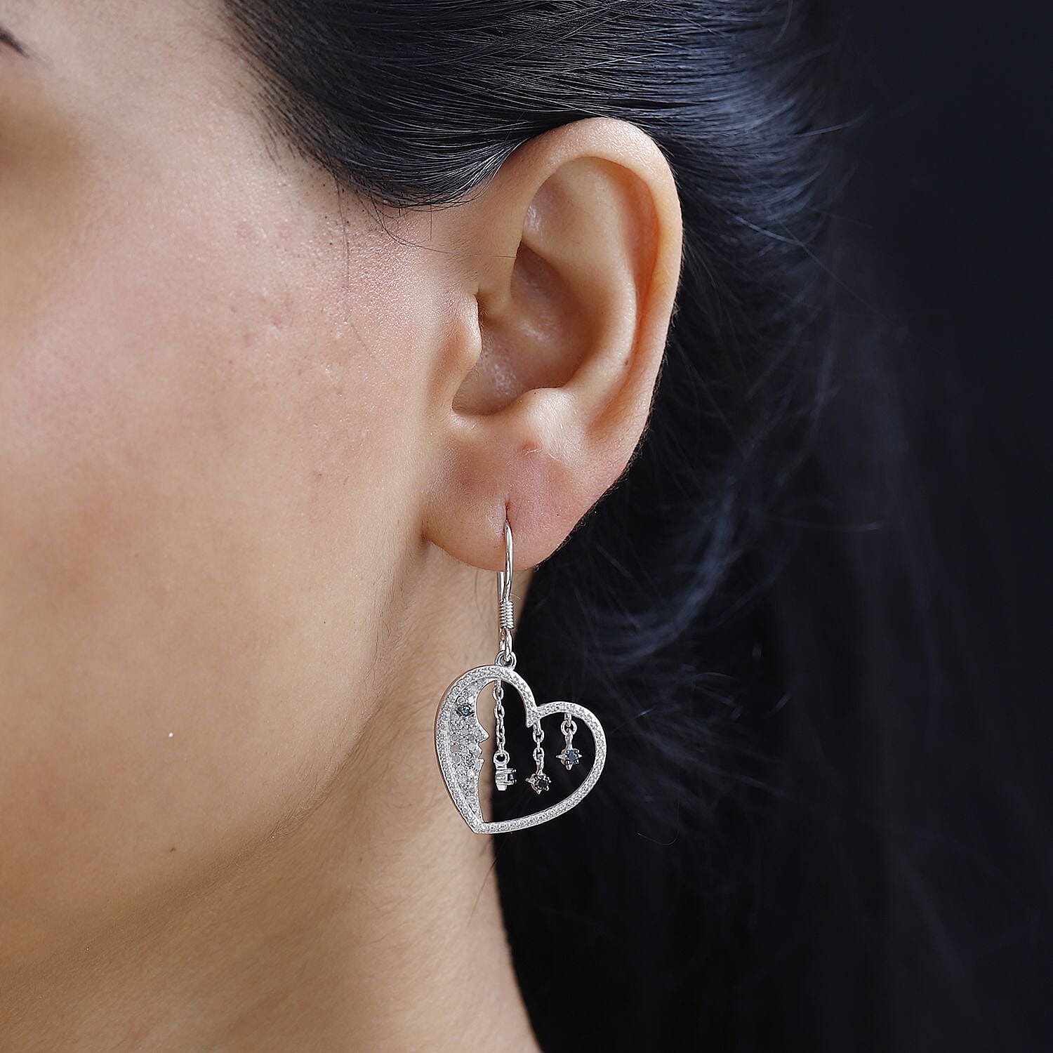 GP Amore Heart Collection - White & Blue Diamond Earrings in Rhodium Overlay Sterling Silver Wt. 5.35 Gms