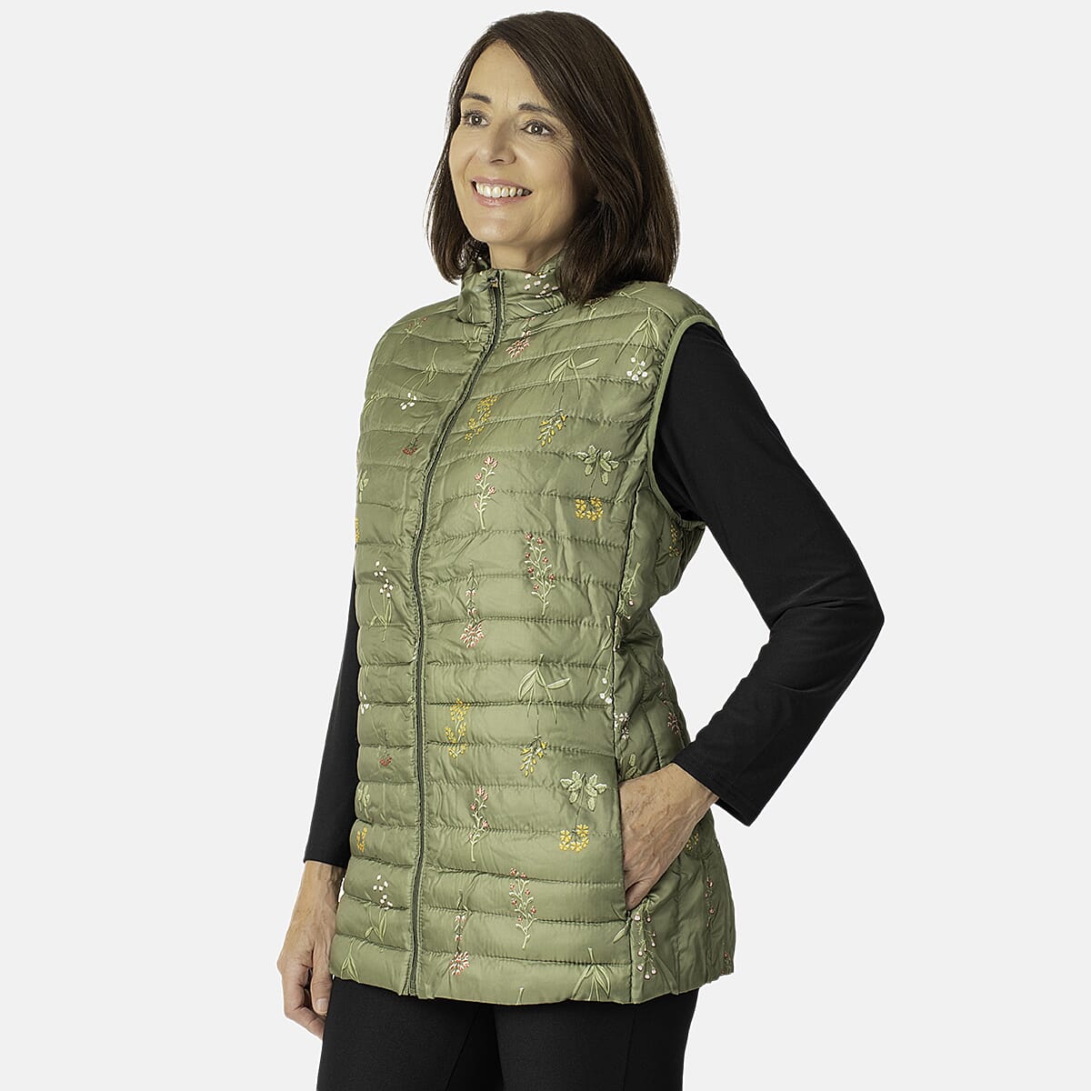 Ladies Floral Pack Away Gilet (Size 12) - Green