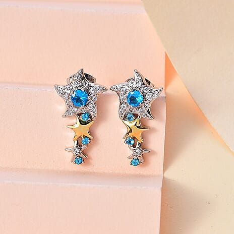 GP Celesetial Collection - Neon Apatite & Natural Zircon Push Back Earrings in Rhodium & 18K Vermeil Yellow Gold Plated Sterling Silver 0.69 Ct.