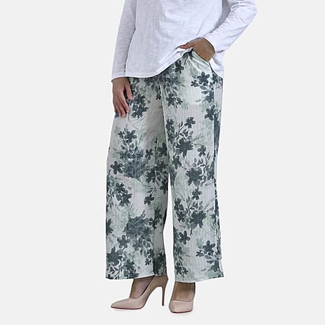 La Marey Floral Print Mid-Rise Elastic Waistband Wide Leg Trouser (Size L) - Green