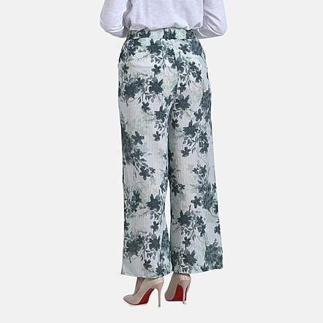 La Marey Floral Print Mid-Rise Elastic Waistband Wide Leg Trouser (Size L) - Green