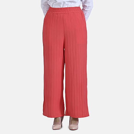 La Marey Womens High Waist Flowy Wide Leg Trousers with Vertical Pleats (Size 12 to 14) - Red