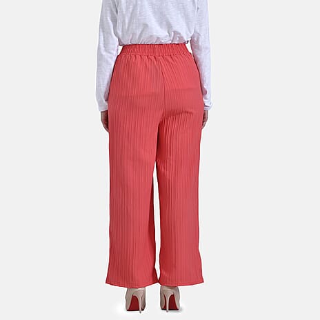 La Marey Womens High Waist Flowy Wide Leg Trousers with Vertical Pleats (Size 12 to 14) - Red