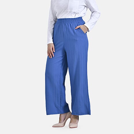 La Marey Womens High Waist Flowy Wide Leg Trousers with Vertical Pleats (Size 12 to 14) - Blue