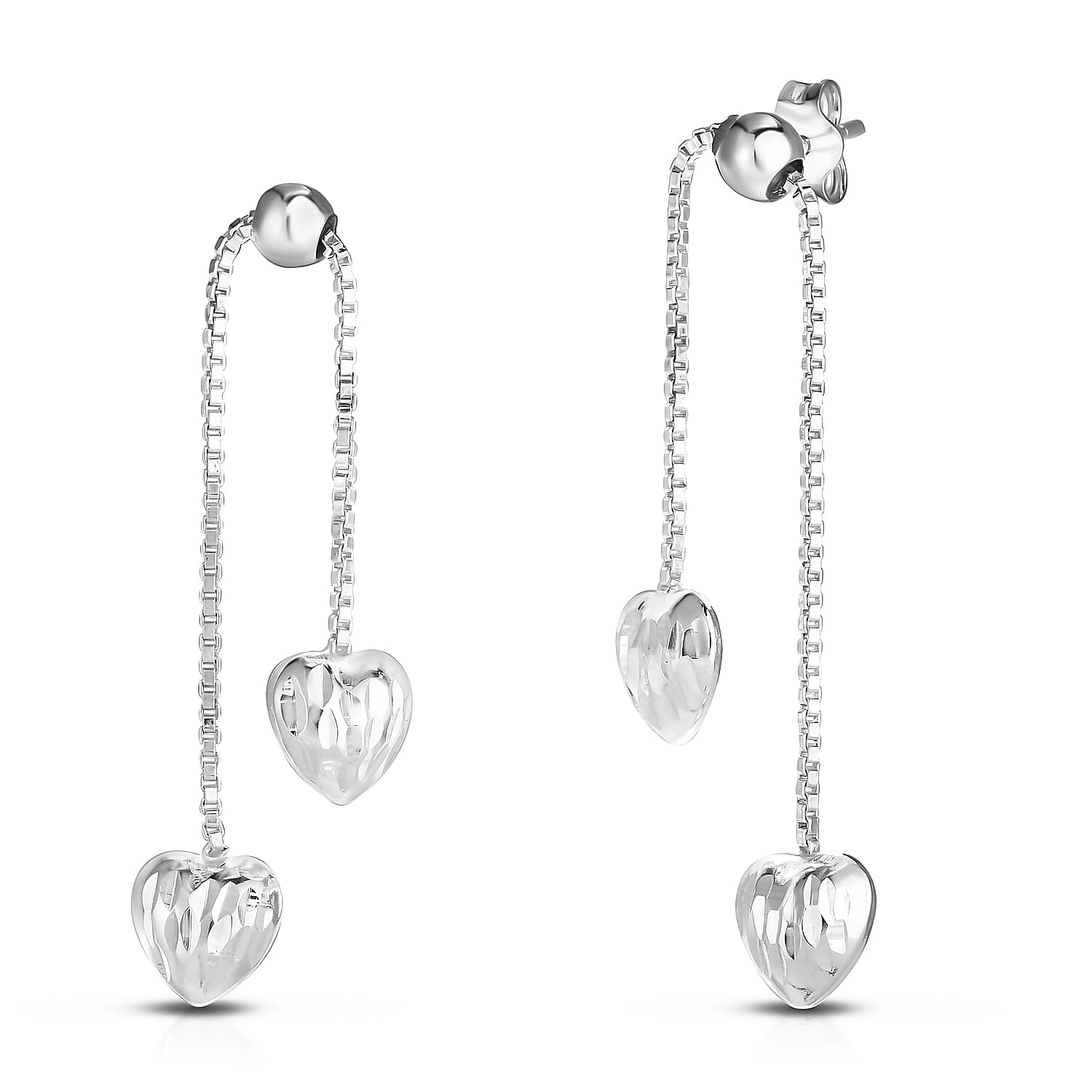 Sterling Silver Heart Charm Chain Drop Earrings