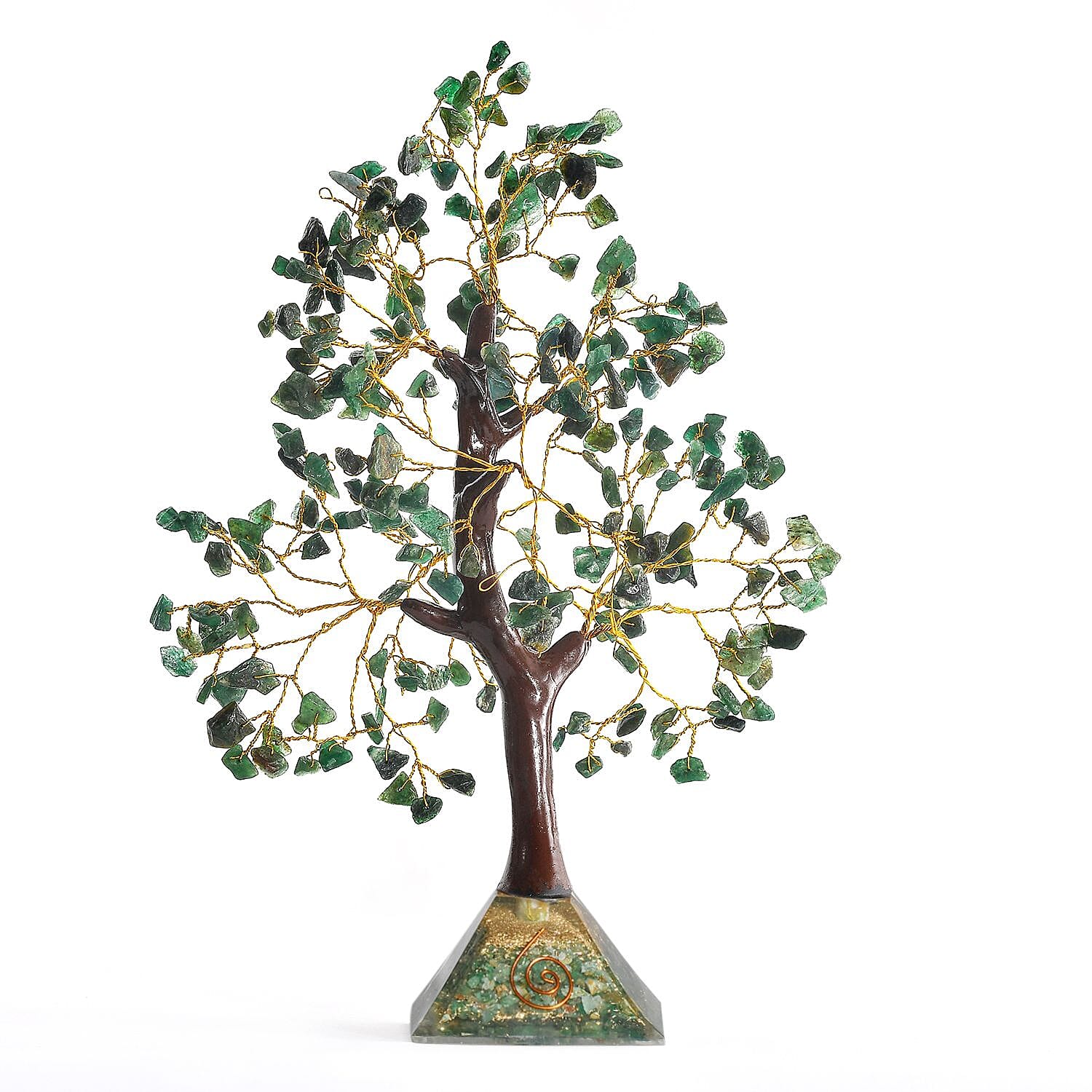 Decorative Handmade Green Jade Gemstone Tree with Wooden Base
