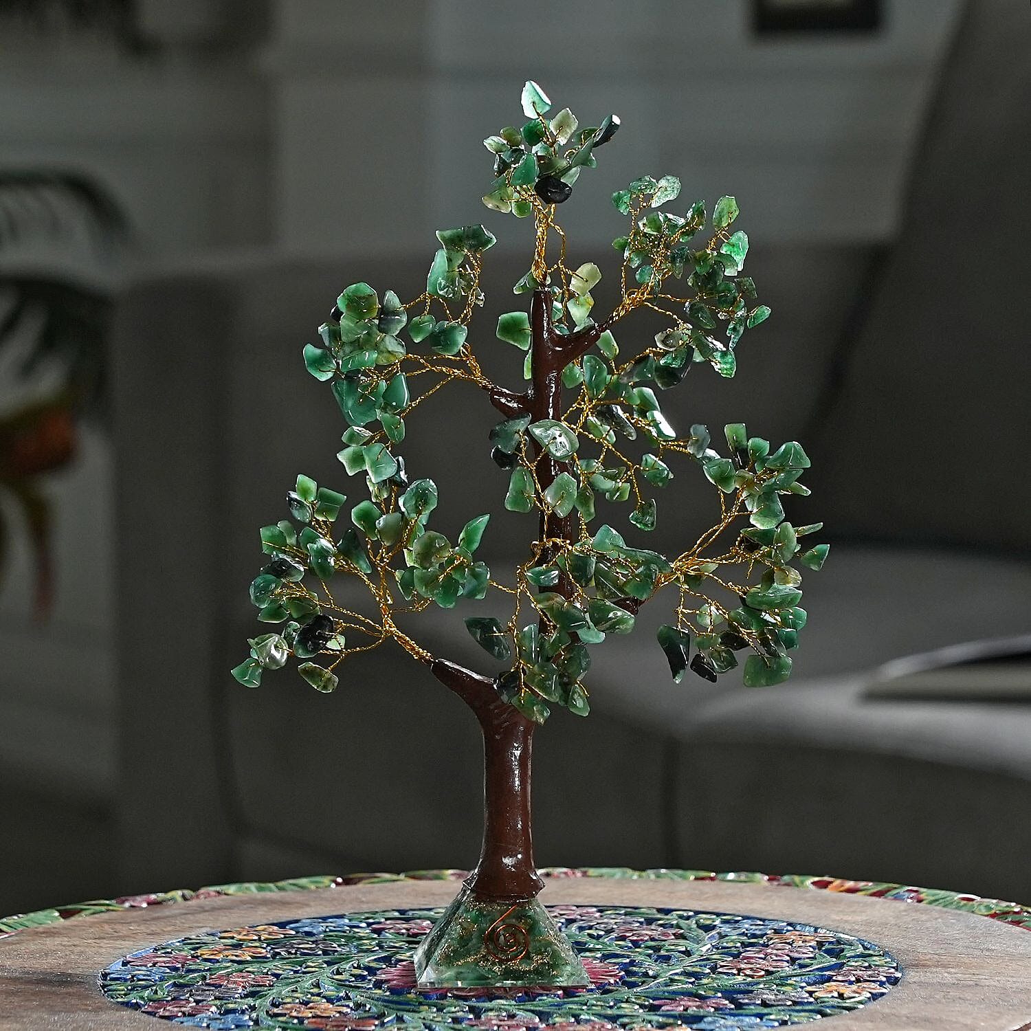 Decorative Handmade Green Jade Gemstone Tree with Wooden Base