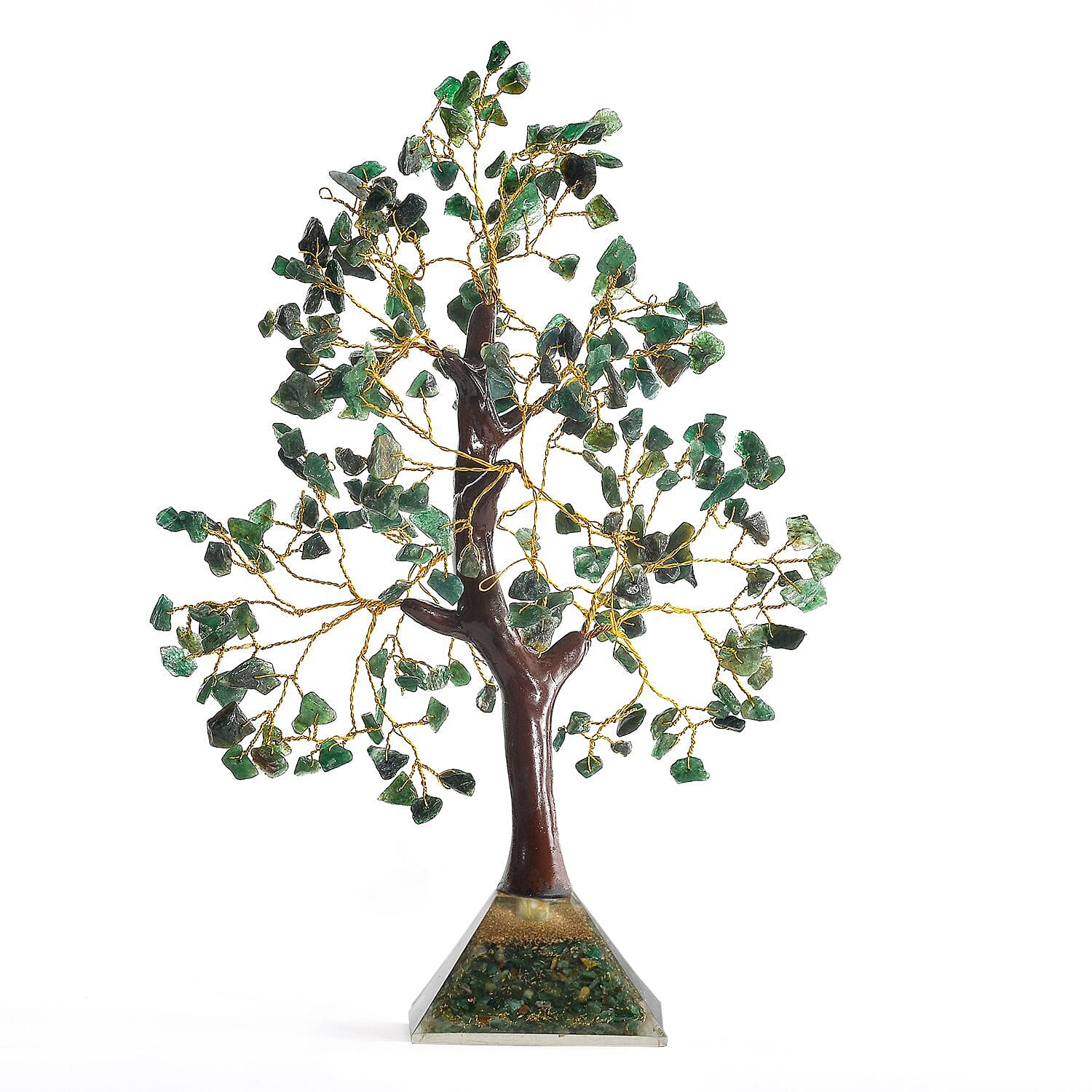Decorative Handmade Green Jade Gemstone Tree with Wooden Base