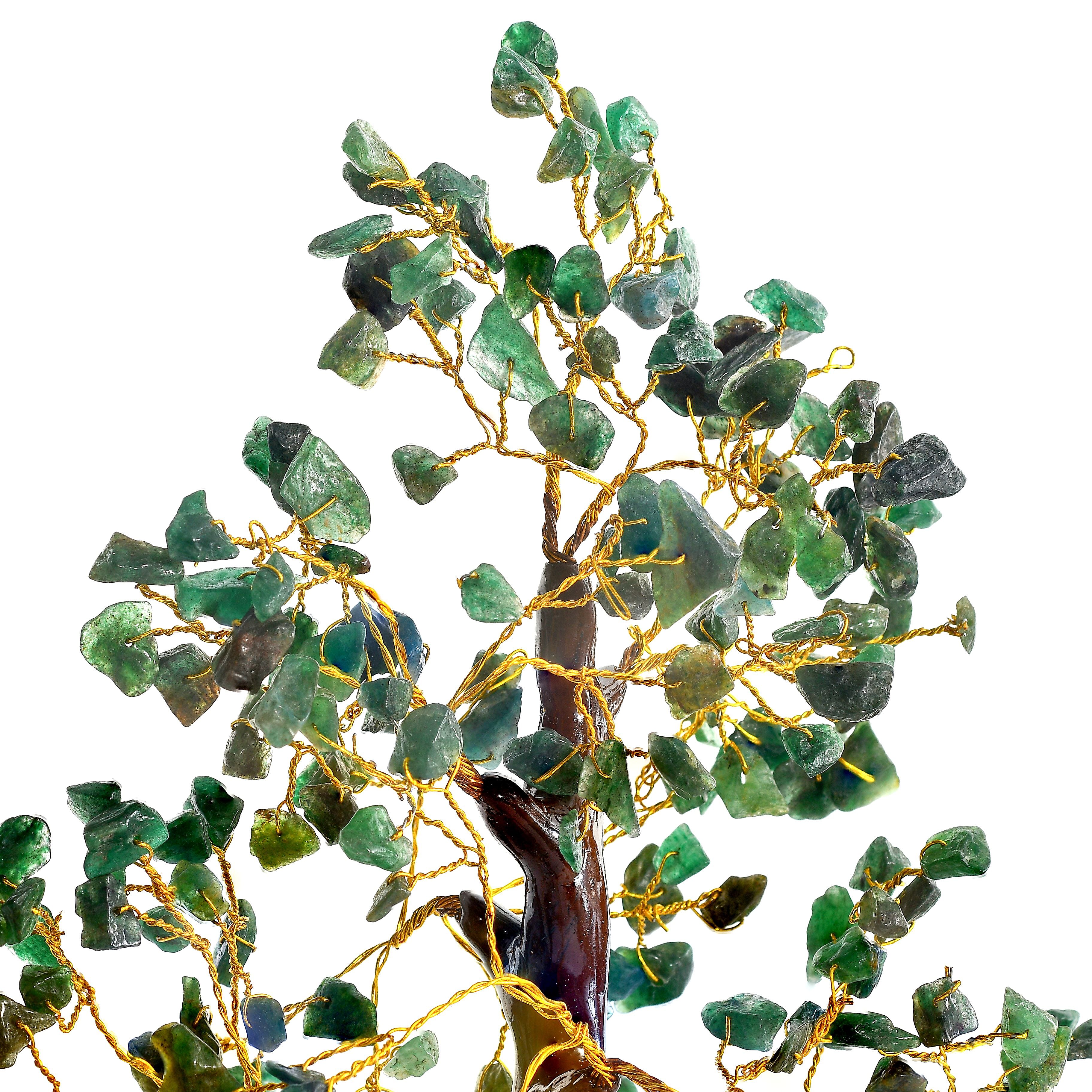 Decorative Handmade Green Jade Gemstone Tree with Wooden Base