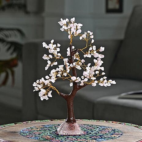 Decorative Handmade Rose Quartz Gemstone Tree with Wooden Base (Size 23x5.5cm) - Pink