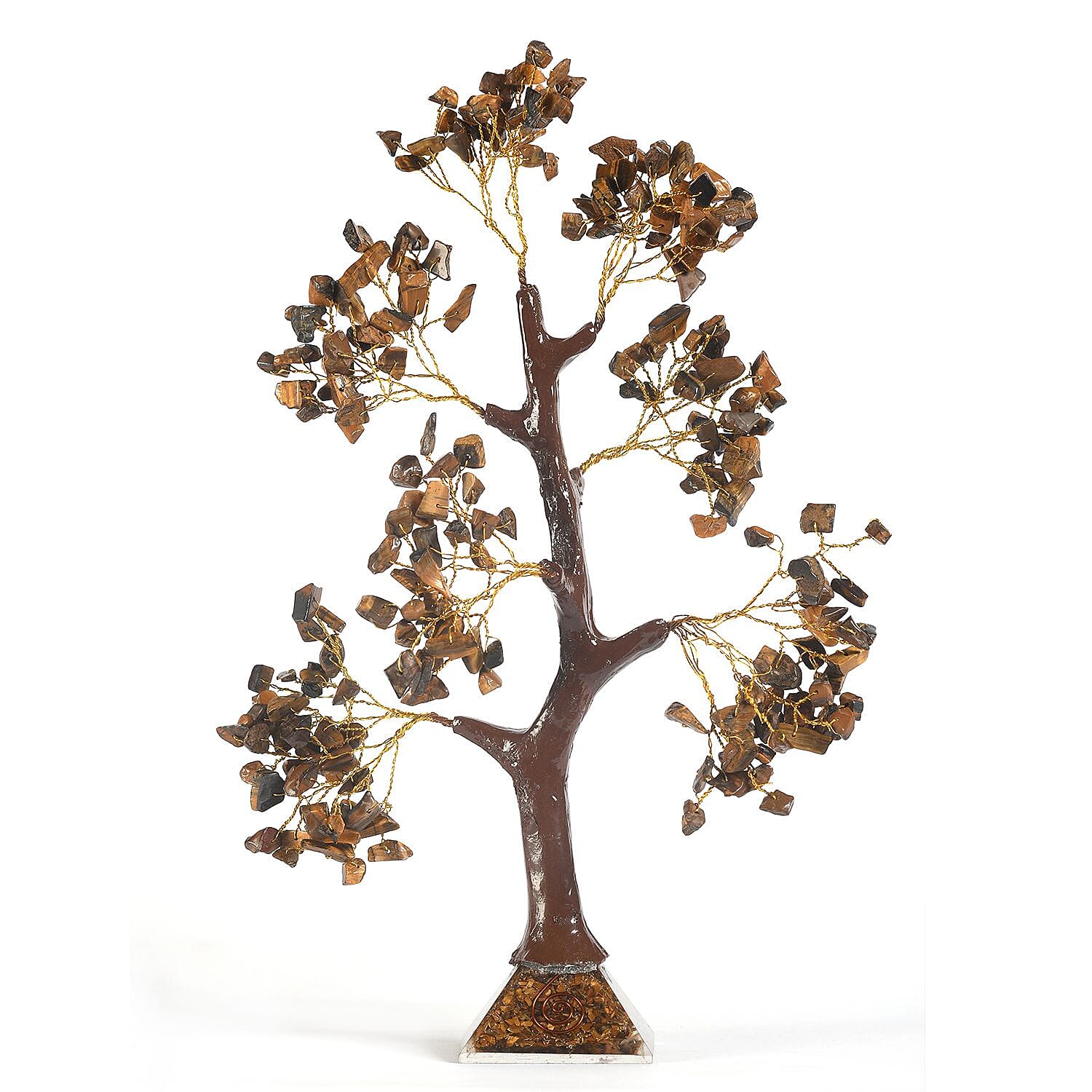 Decorative Handmade Tigers Eye Gemstone Tree with Wooden Base (Size 23x5.5cm) - Brown
