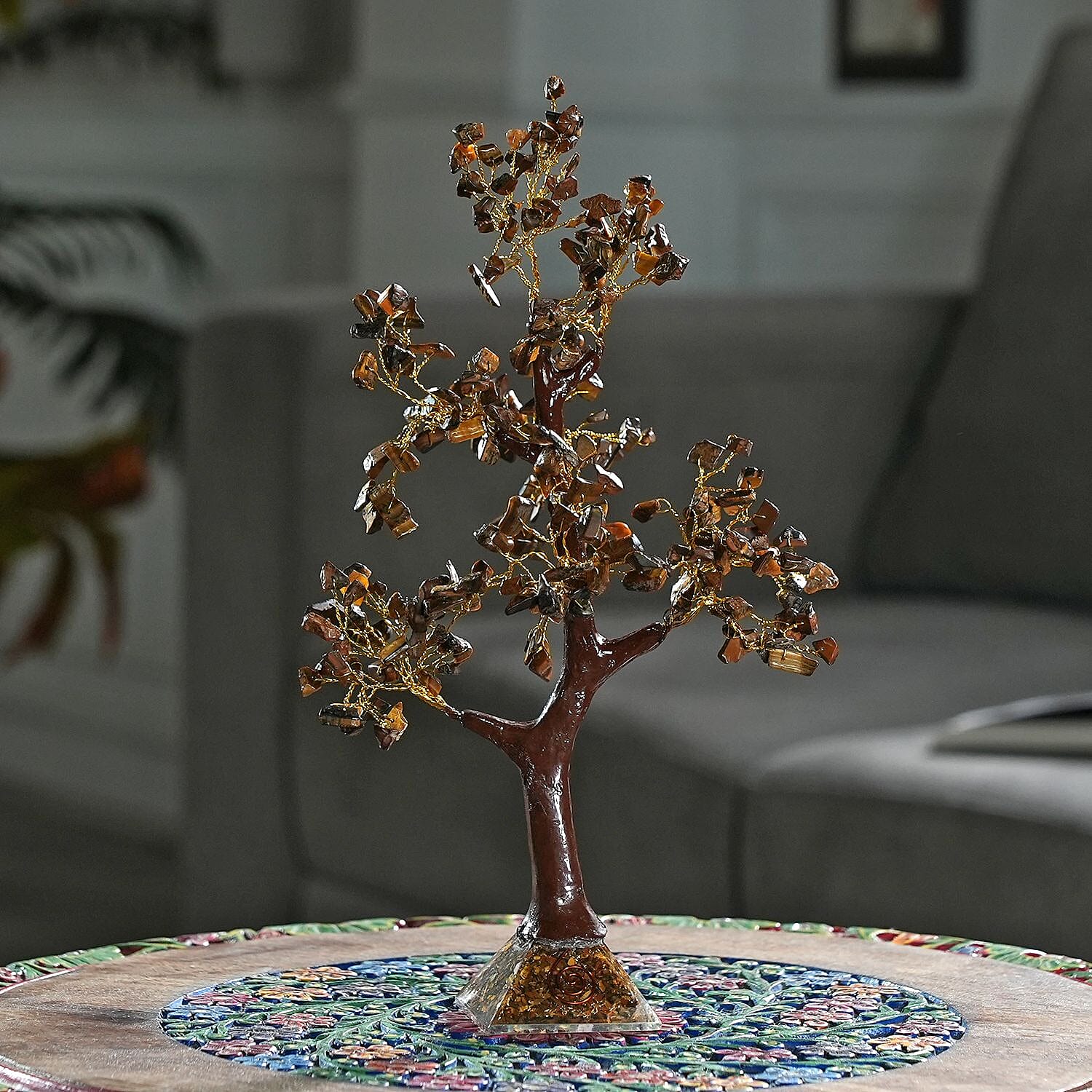 Decorative Handmade Tigers Eye Gemstone Tree with Wooden Base (Size 23x5.5cm) - Brown