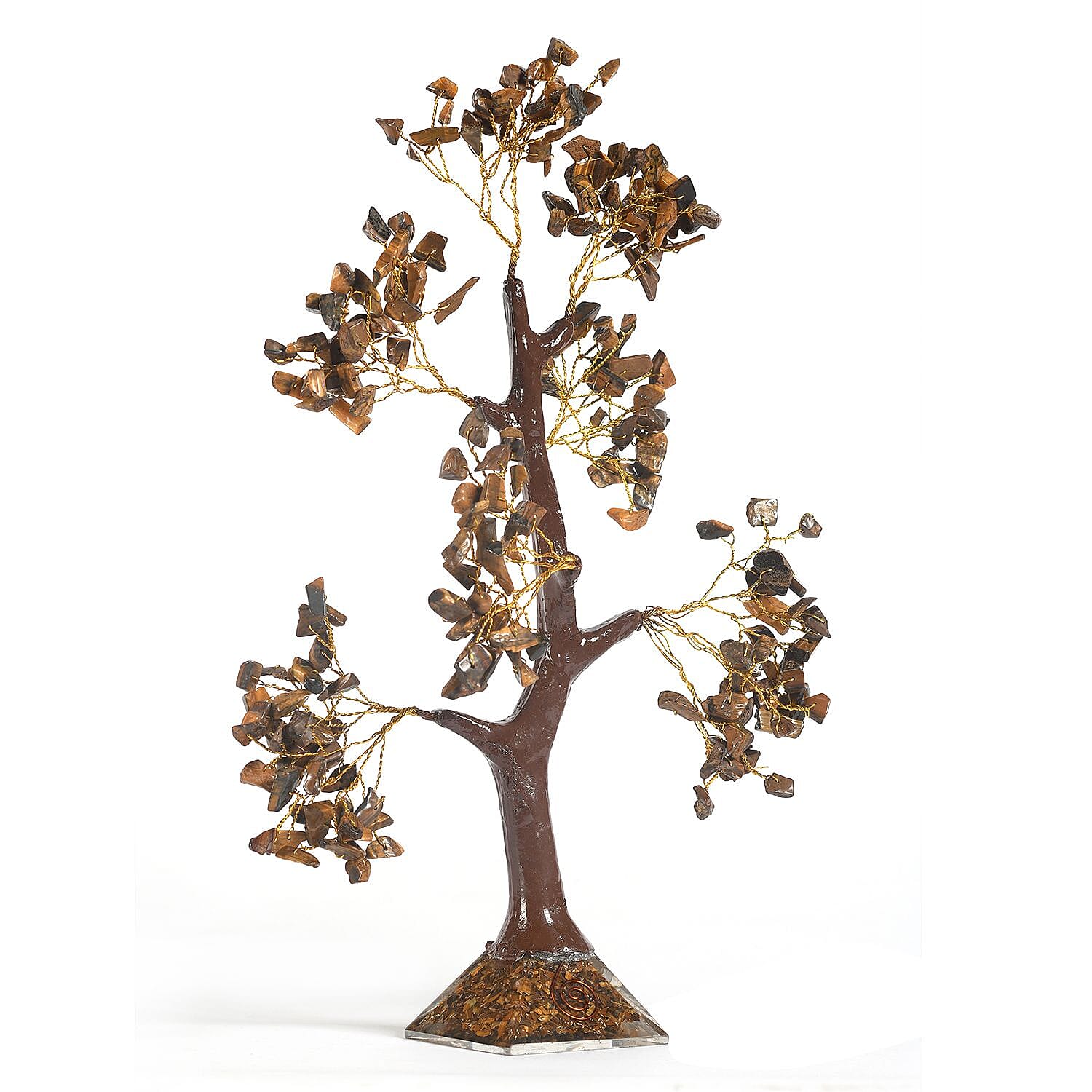 Decorative Handmade Tigers Eye Gemstone Tree with Wooden Base (Size 23x5.5cm) - Brown