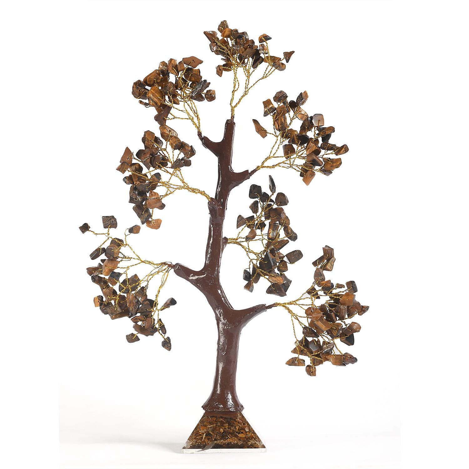 Decorative Handmade Tigers Eye Gemstone Tree with Wooden Base (Size 23x5.5cm) - Brown