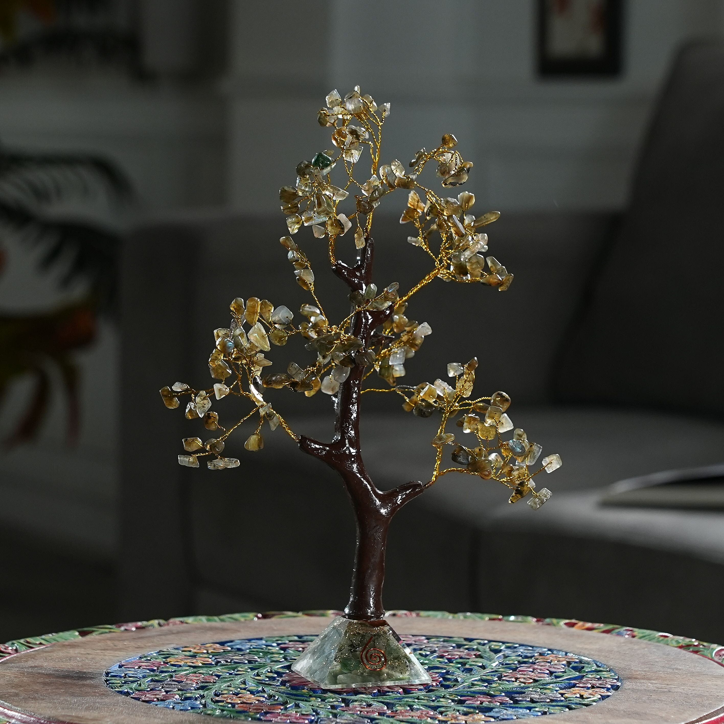 Decorative Handmade Lebrodite Gemstone Tree with Wooden Base (Size 23x5.5cm) - Multi