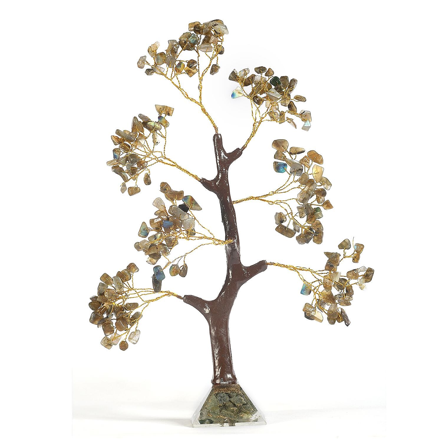Decorative Handmade Lebrodite Gemstone Tree with Wooden Base (Size 23x5.5cm) - Multi