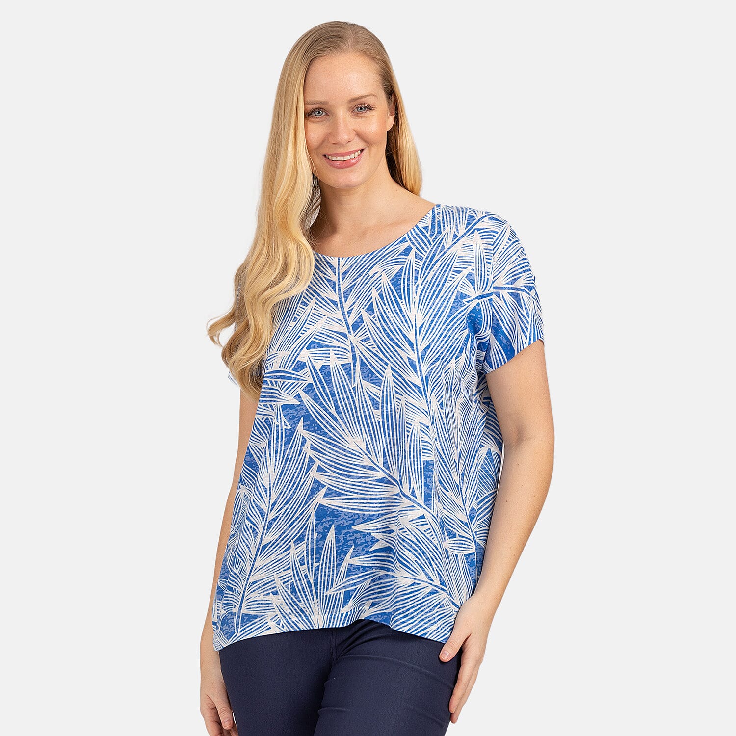 Mudflower Devore Leaf Print Burn Out Tee (Size L) - Cobalt