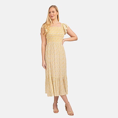 Mudflower Pattern Flutter Sleeve Midi Dress (Size 12) - Yellow