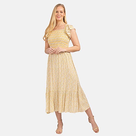 Mudflower Pattern Flutter Sleeve Midi Dress (Size 12) - Yellow