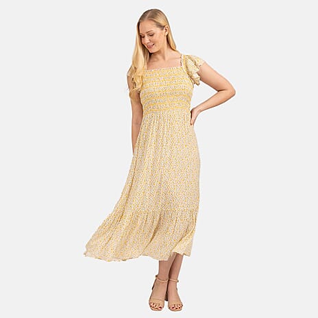 Mudflower Pattern Flutter Sleeve Midi Dress (Size 12) - Yellow