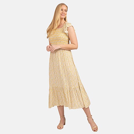 Mudflower Pattern Flutter Sleeve Midi Dress (Size 12) - Yellow