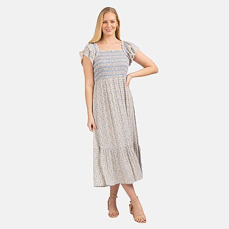 Mudflower Pattern Flutter Sleeve Midi Dress (Size 18) - Blue