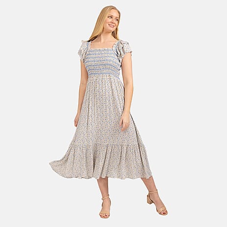 Mudflower Pattern Flutter Sleeve Midi Dress (Size 18) - Blue