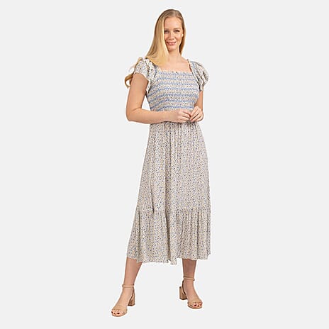 Mudflower Pattern Flutter Sleeve Midi Dress (Size 18) - Blue