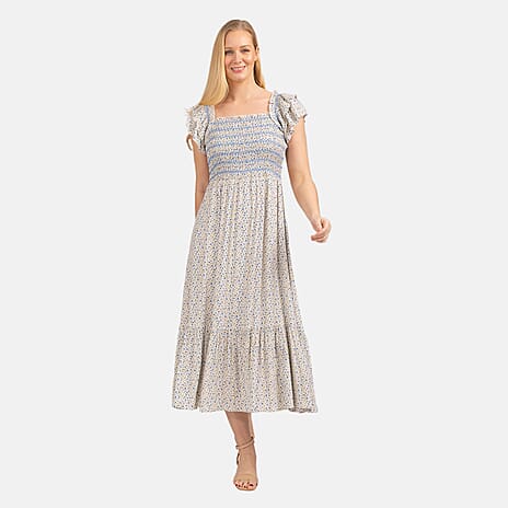 Mudflower Pattern Flutter Sleeve Midi Dress (Size 18) - Blue