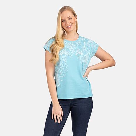 Mudflower Leaf Print Burn Out Tee (Size 14) - Light Turquoise