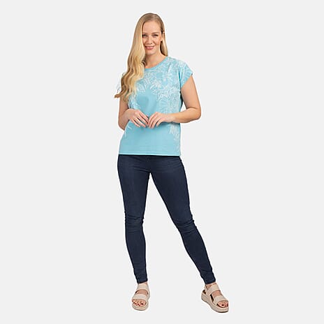 Mudflower Leaf Print Burn Out Tee (Size 14) - Light Turquoise