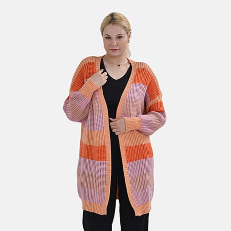 TAMSY Striped Pattern Knitted Cardigan (One Size) - Orange - Purple