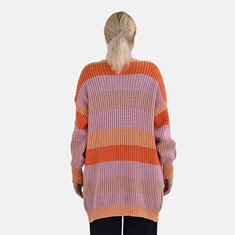 TAMSY Striped Pattern Knitted Cardigan (One Size) - Orange - Purple