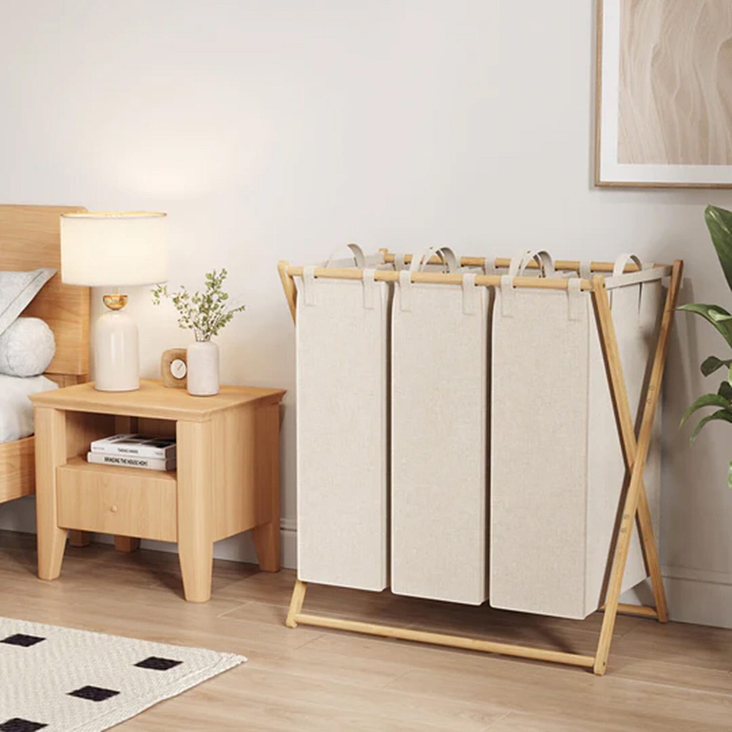 Foldable Laundry Basket 3 Section, Large Bamboo X-Frame Laundry Basket Sorter Gray (150L)