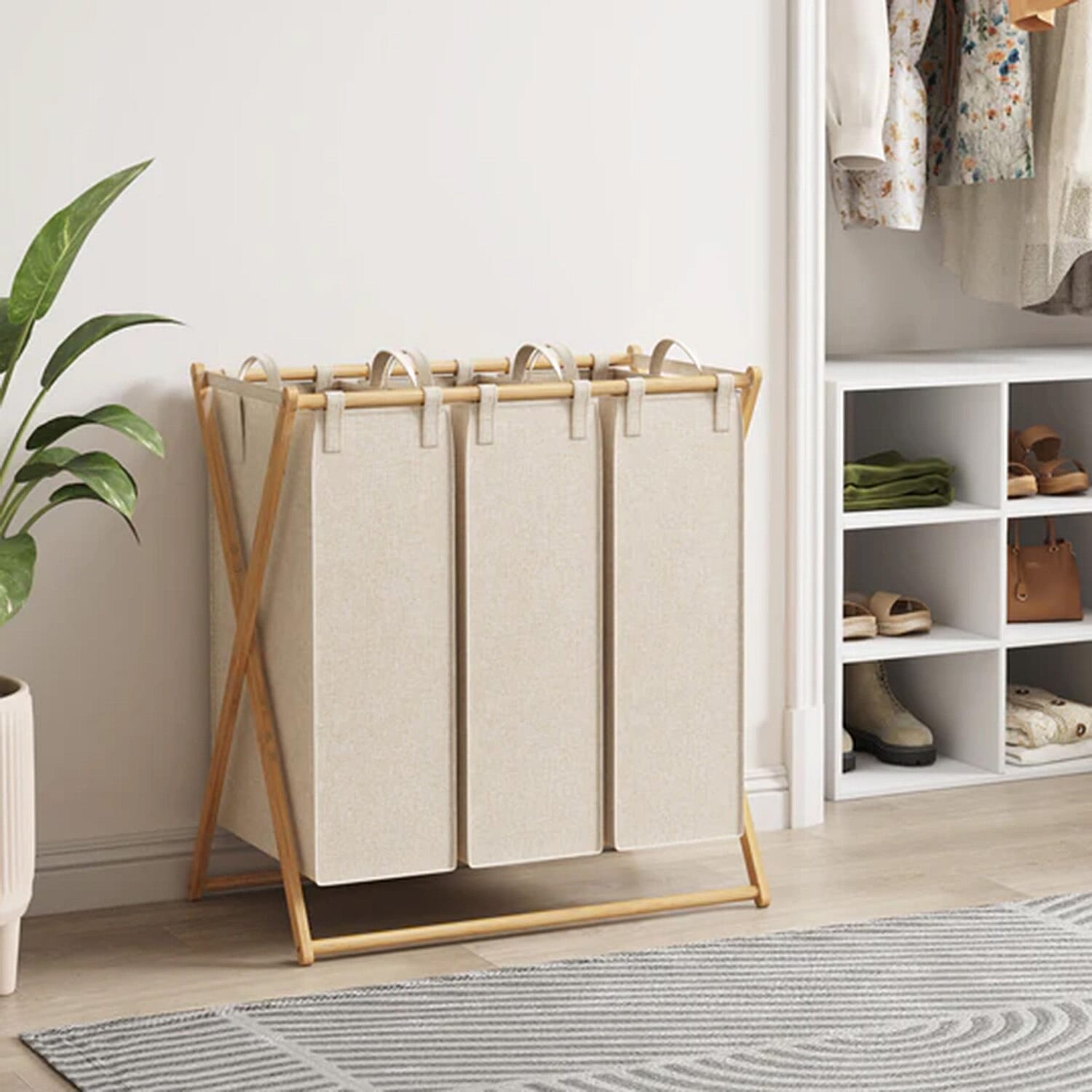 Foldable Laundry Basket 3 Section, Large Bamboo X-Frame Laundry Basket Sorter Gray (150L)