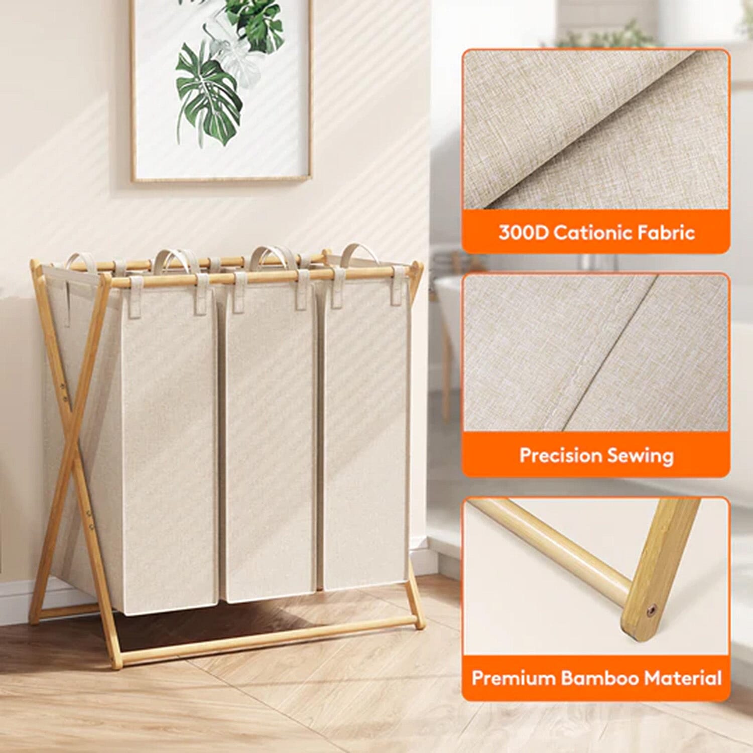 Foldable Laundry Basket 3 Section, Large Bamboo X-Frame Laundry Basket Sorter Gray (150L)