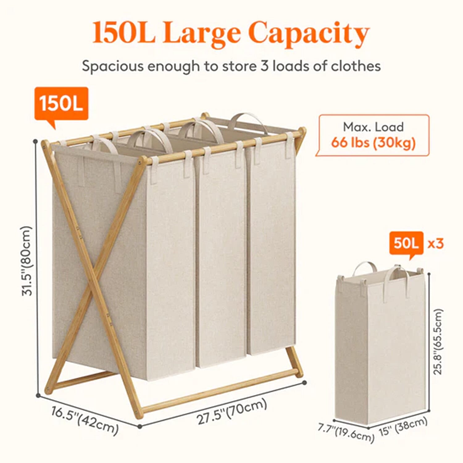 Foldable Laundry Basket 3 Section, Large Bamboo X-Frame Laundry Basket Sorter Gray (150L)