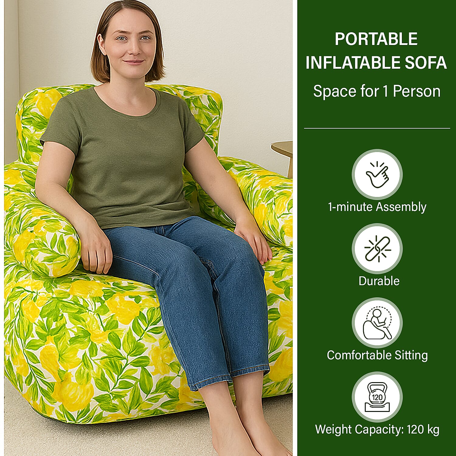 Portable Inflatable Sofa. Suitable for Outdoors and Indoors (Size 105x88x37 cm) - Green