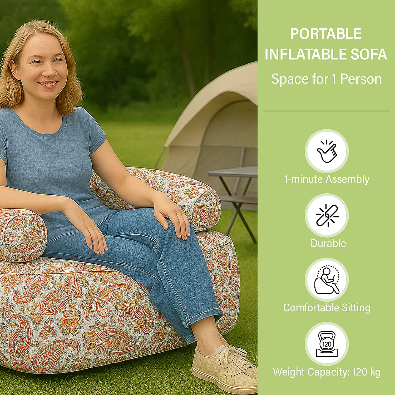 Portable Inflatable Sofa.  Outdoors and Indoors (Size 105x88x37 cm) - Brown