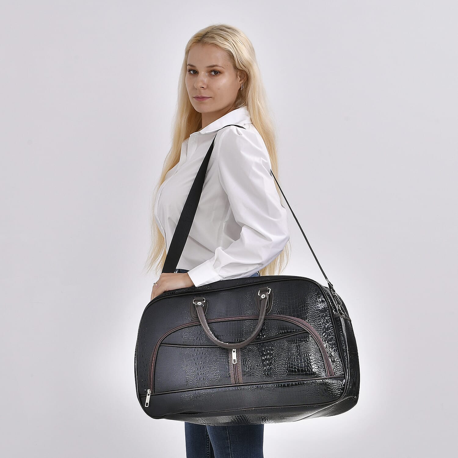 Leatherette Crocodile Pattern Travel Bag with Handle Drop