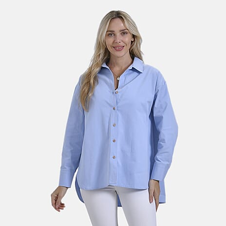 La Marey 100% Cotton Casual Long Sleev Blouse (Size S) - Blue